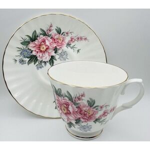 Royal Victorian Teacup Saucer Pink Floral Bone China Gold Trim England Fluted